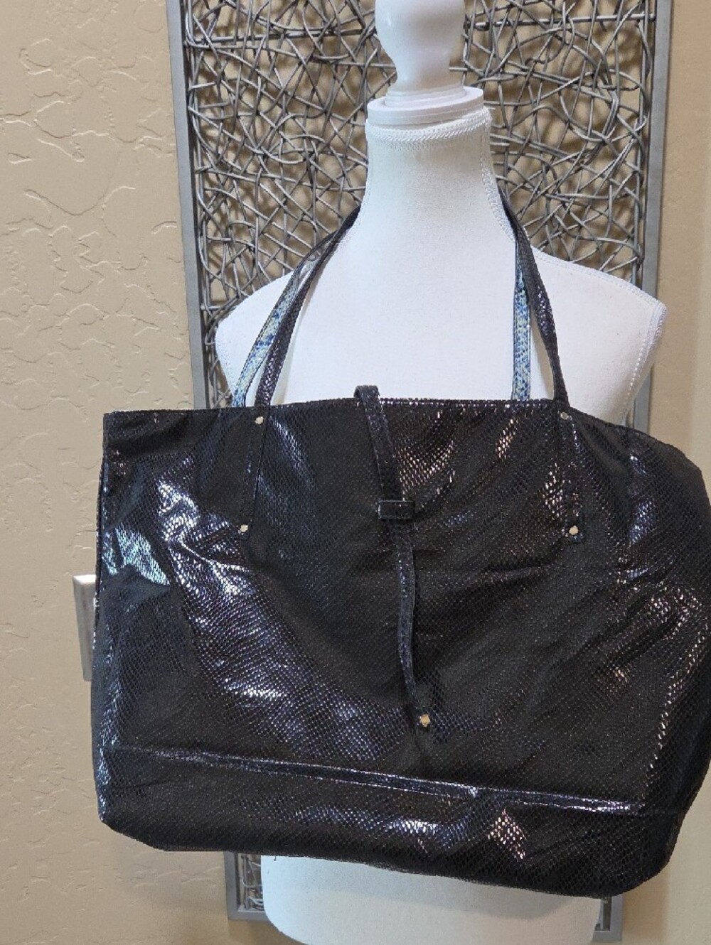 WHBM Reversible Blue And Black Snake-Print Tote Bag - Picture 2 of 6